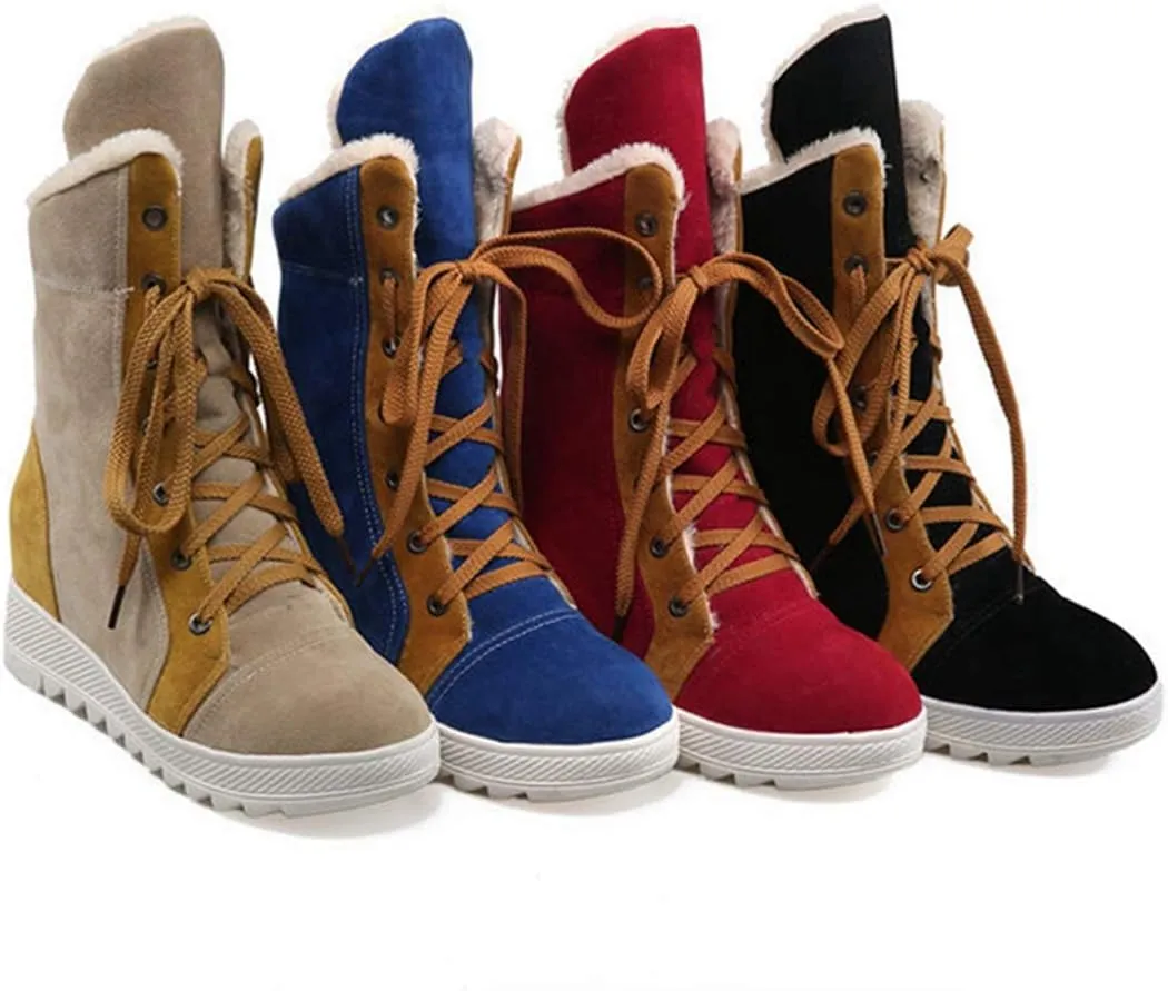 VOKLIN Women's Lace Up Winter Fur Snow Ankle Boots Suede Hidden Mid Heel Wide Warm Cotton Snow Short Booties