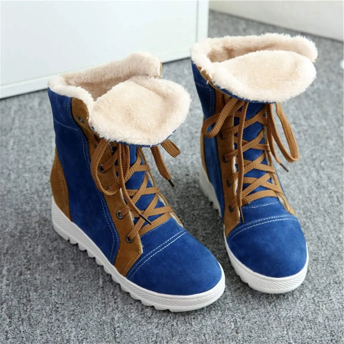 VOKLIN Women's Lace Up Winter Fur Snow Ankle Boots Suede Hidden Mid Heel Wide Warm Cotton Snow Short Booties