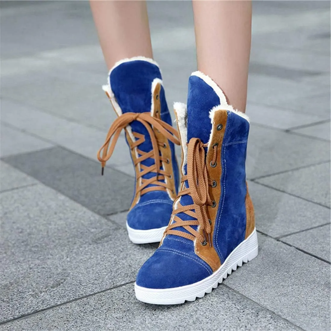 VOKLIN Women's Lace Up Winter Fur Snow Ankle Boots Suede Hidden Mid Heel Wide Warm Cotton Snow Short Booties