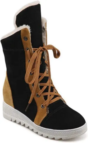 VOKLIN Women's Lace Up Winter Fur Snow Ankle Boots Suede Hidden Mid Heel Wide Warm Cotton Snow Short Booties