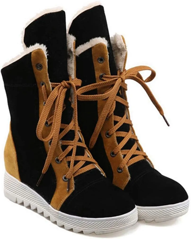 VOKLIN Women's Lace Up Winter Fur Snow Ankle Boots Suede Hidden Mid Heel Wide Warm Cotton Snow Short Booties