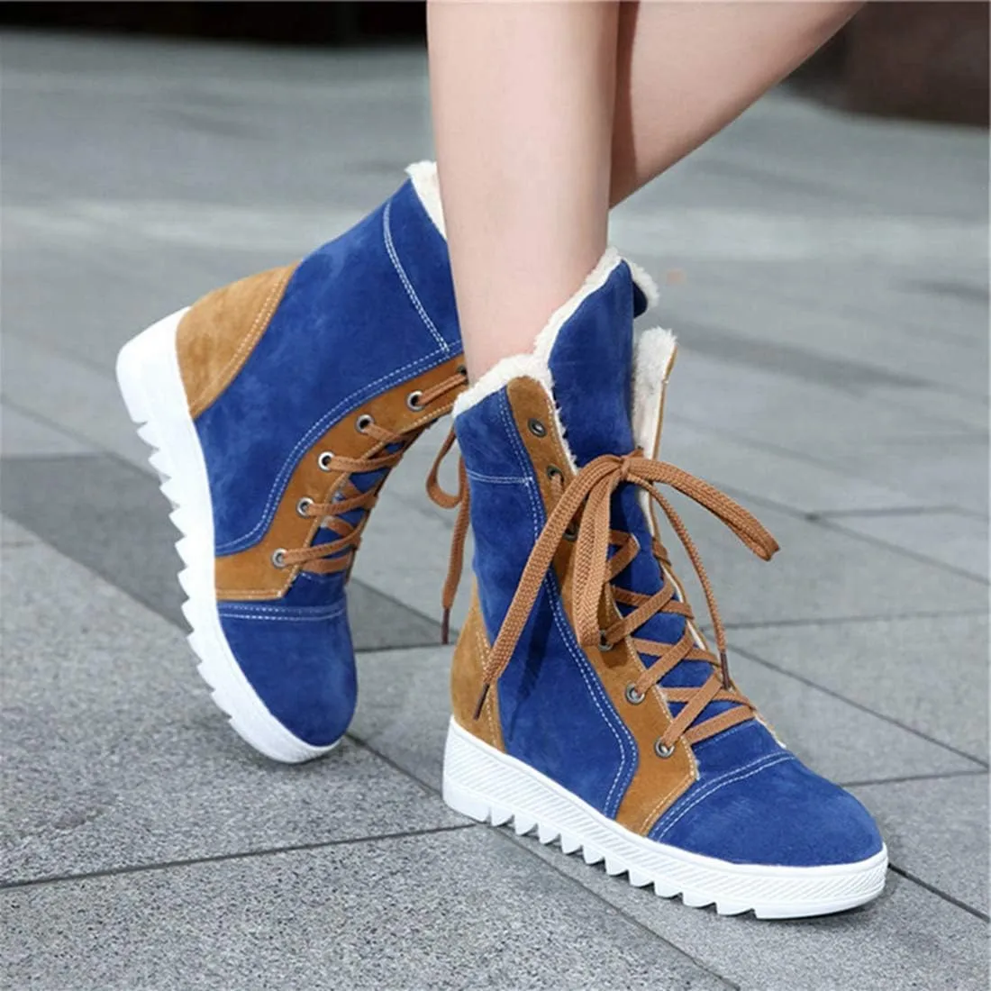 VOKLIN Women's Lace Up Winter Fur Snow Ankle Boots Suede Hidden Mid Heel Wide Warm Cotton Snow Short Booties
