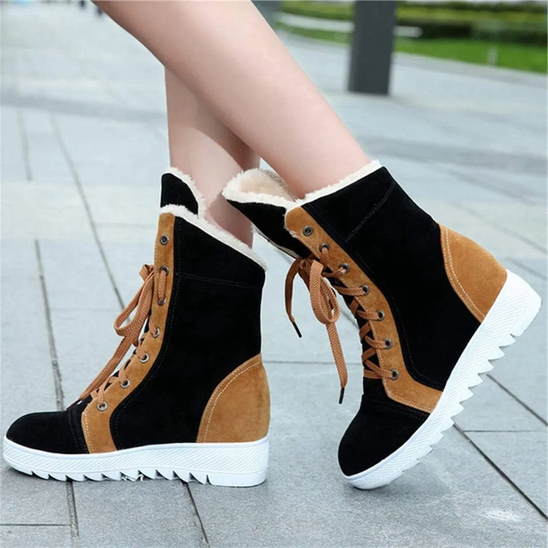 VOKLIN Women's Lace Up Winter Fur Snow Ankle Boots Suede Hidden Mid Heel Wide Warm Cotton Snow Short Booties