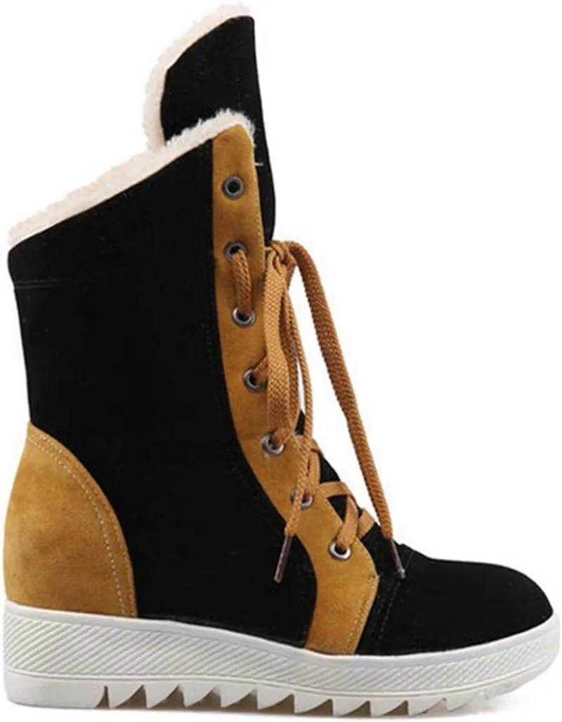 VOKLIN Women's Lace Up Winter Fur Snow Ankle Boots Suede Hidden Mid Heel Wide Warm Cotton Snow Short Booties