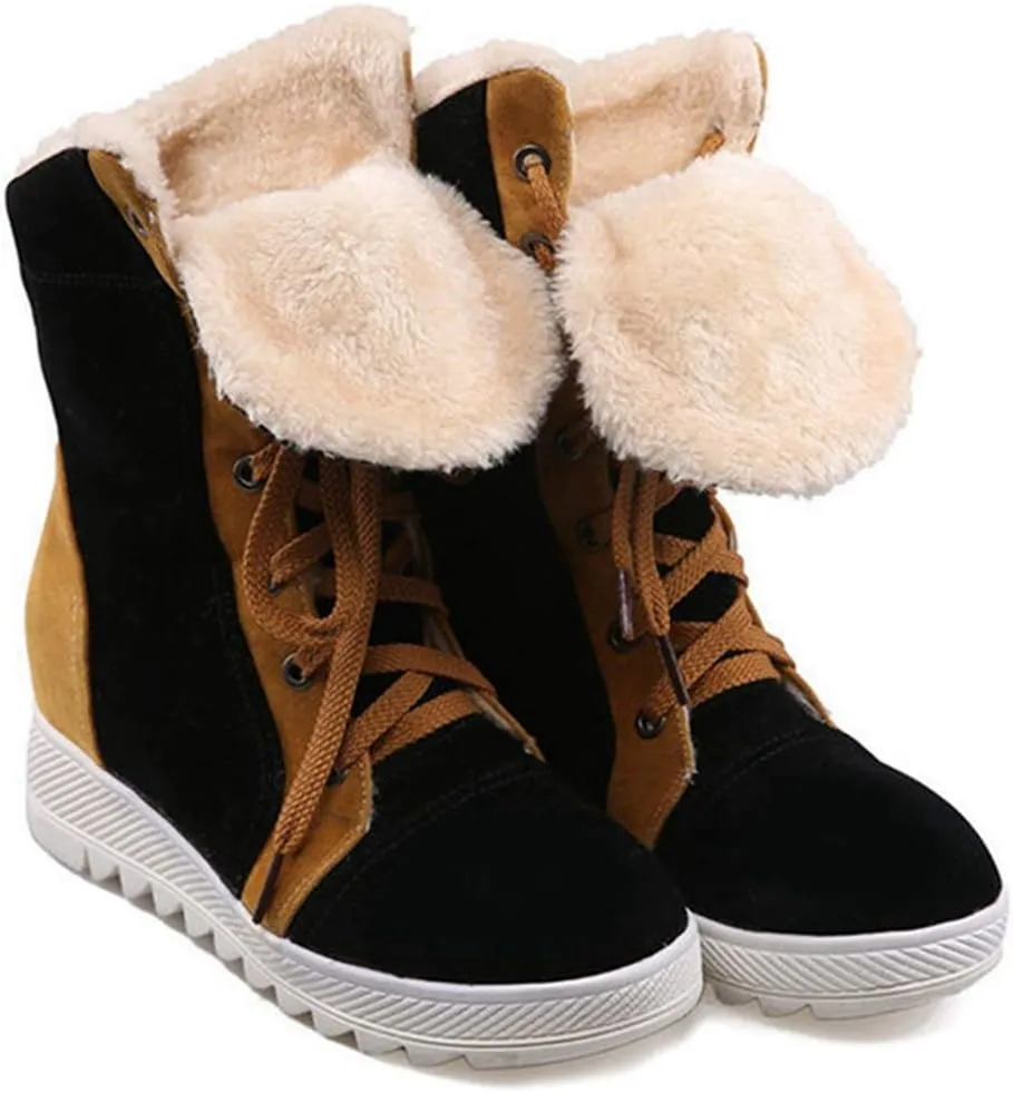 VOKLIN Women's Lace Up Winter Fur Snow Ankle Boots Suede Hidden Mid Heel Wide Warm Cotton Snow Short Booties