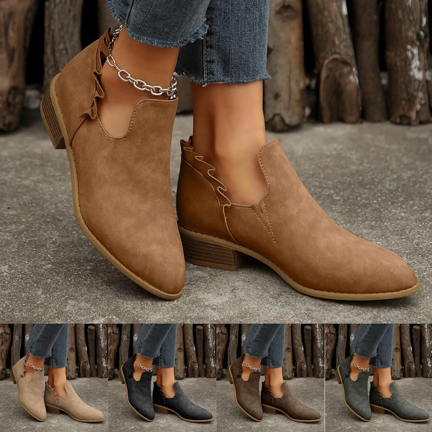 White Cowgirl Boots Woman Side Zipper Ankle Boots Suede Pointy Toe Block Chunky Short Heels Girls Ladies Fall Winter