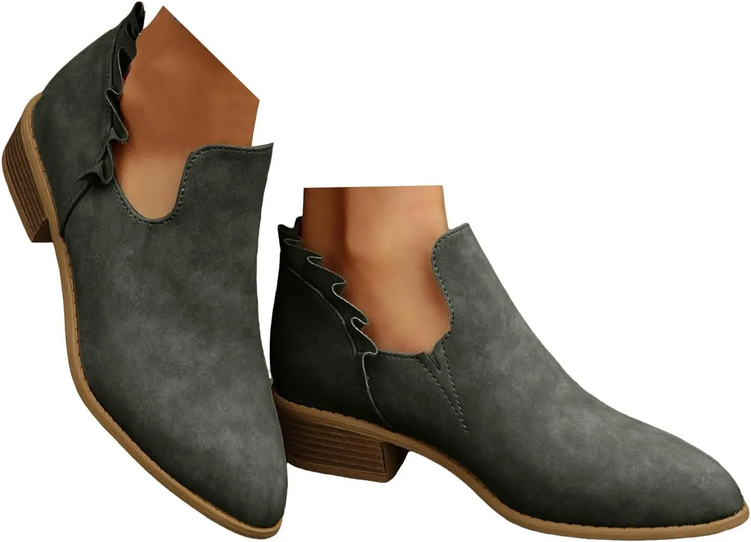 White Cowgirl Boots Woman Side Zipper Ankle Boots Suede Pointy Toe Block Chunky Short Heels Girls Ladies Fall Winter
