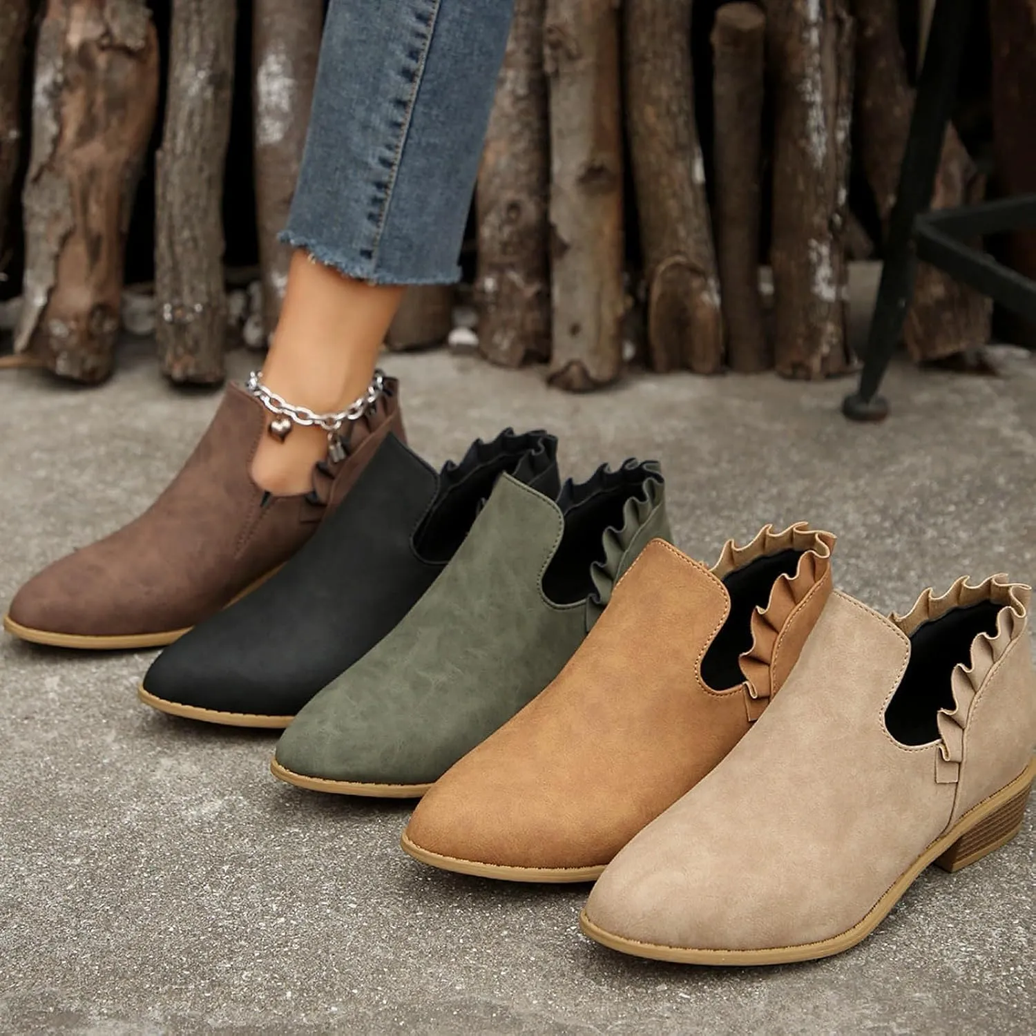 White Cowgirl Boots Woman Side Zipper Ankle Boots Suede Pointy Toe Block Chunky Short Heels Girls Ladies Fall Winter