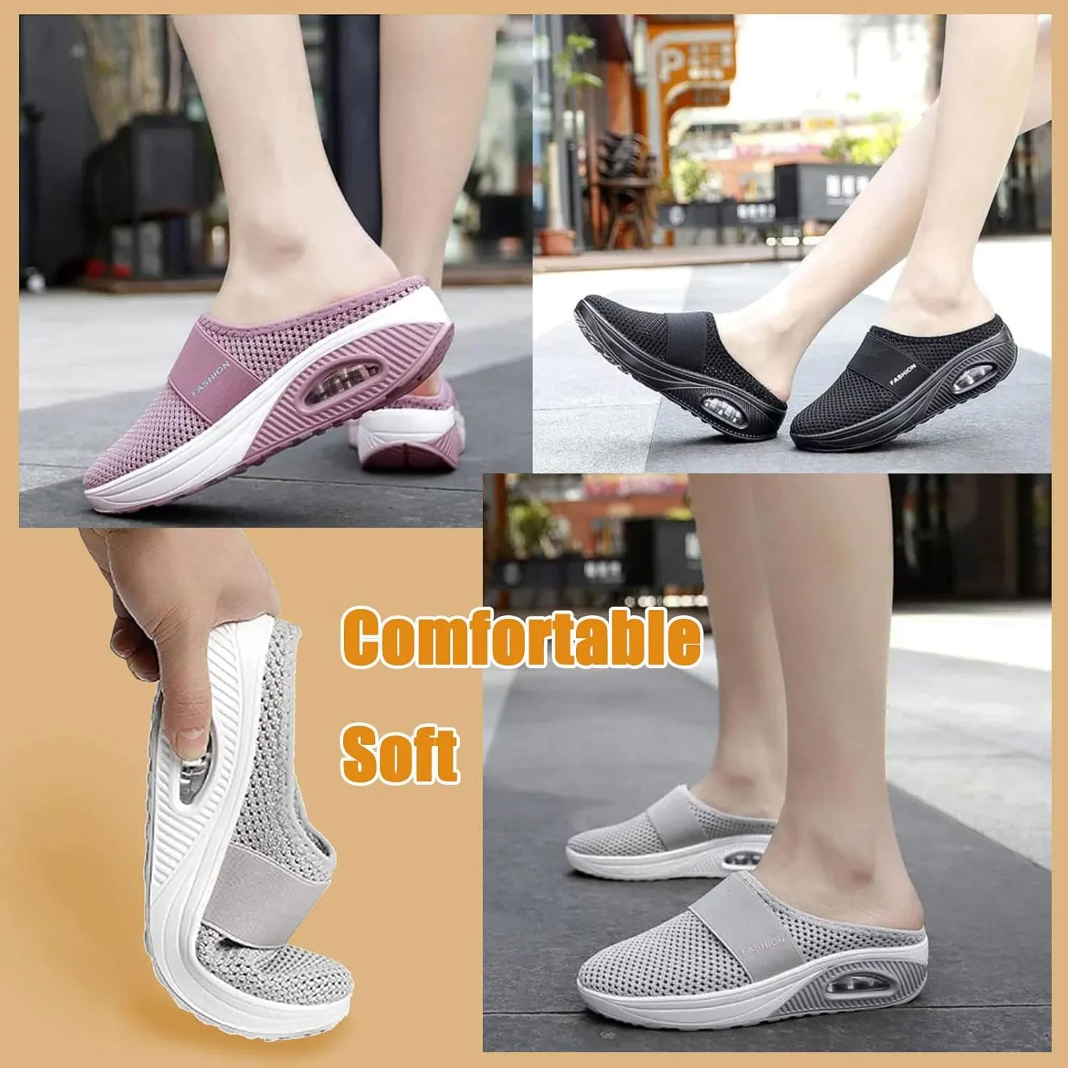 Women's Air Cushion Slip-On Walking Shoes,Orthopedic Sneakers, Casual Platform Heelless Mesh Sandals,Breathable Shoes