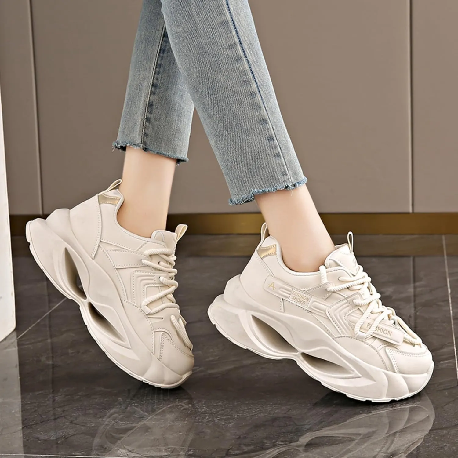 Womens Fashion Leather Lace-Up Platform Sneakers Round Toe Non-Slip Chunky Sport Casual Shoes for Walking Workout Driving