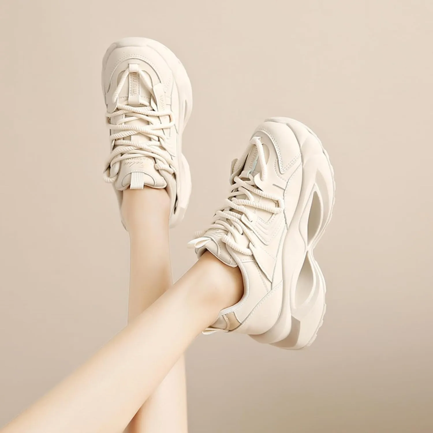 Womens Fashion Leather Lace-Up Platform Sneakers Round Toe Non-Slip Chunky Sport Casual Shoes for Walking Workout Driving
