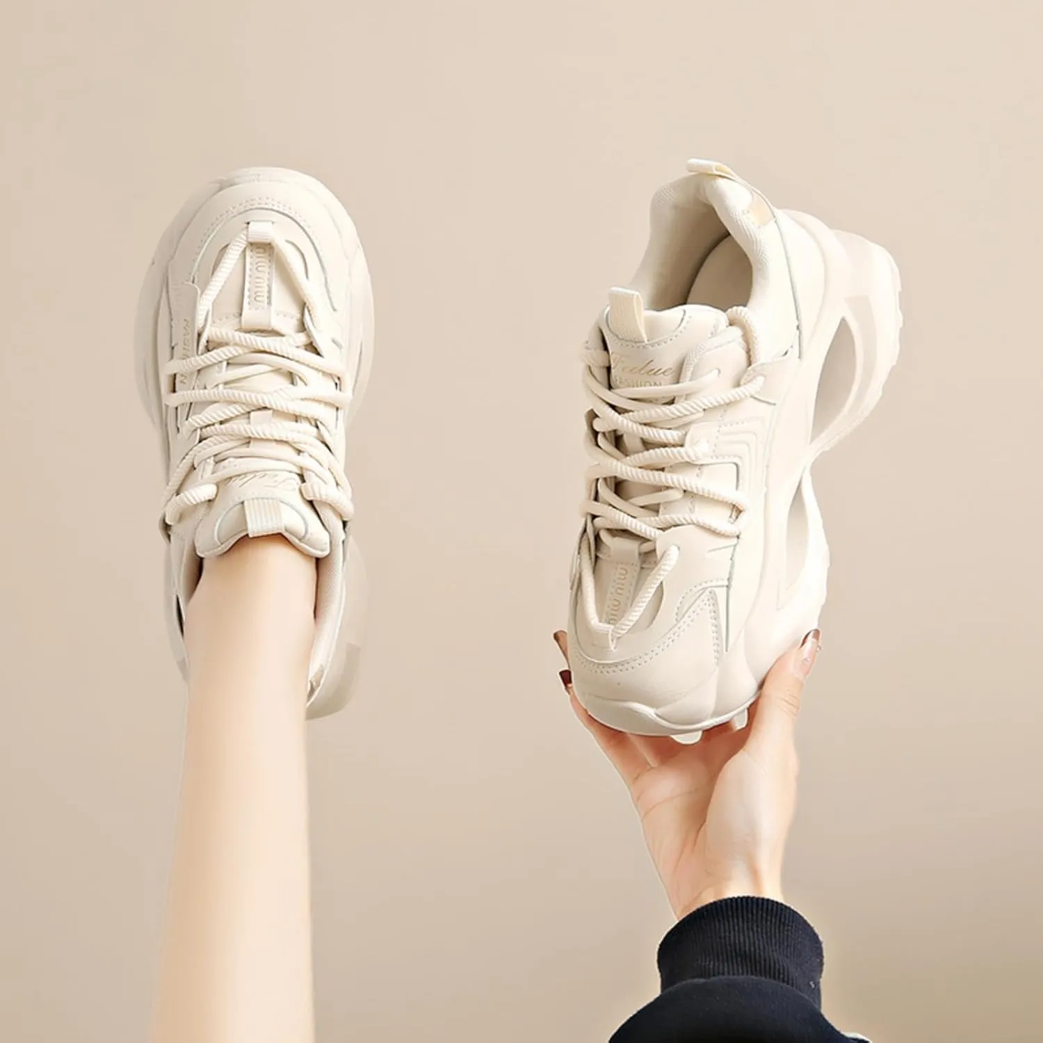 Womens Fashion Leather Lace-Up Platform Sneakers Round Toe Non-Slip Chunky Sport Casual Shoes for Walking Workout Driving