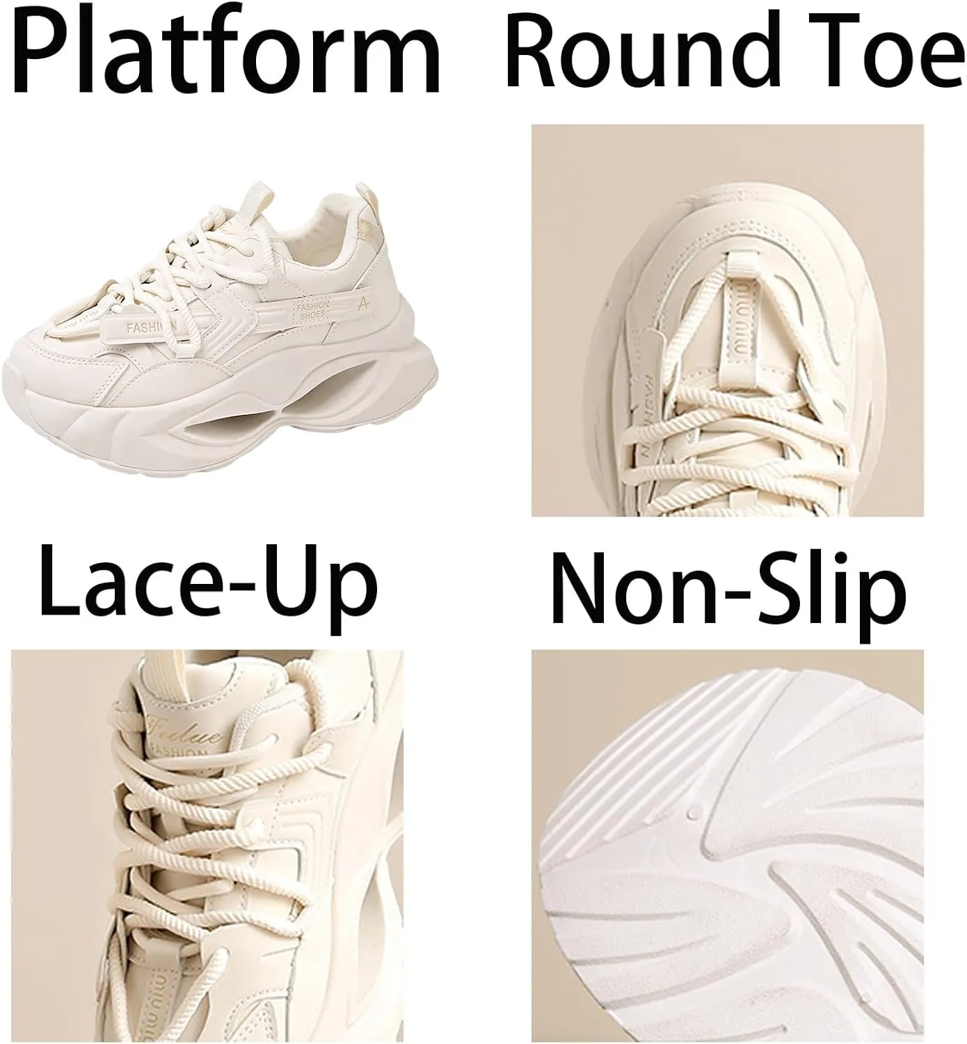 Womens Fashion Leather Lace-Up Platform Sneakers Round Toe Non-Slip Chunky Sport Casual Shoes for Walking Workout Driving