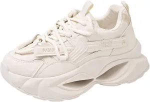 Womens Fashion Leather Lace-Up Platform Sneakers Round Toe Non-Slip Chunky Sport Casual Shoes for Walking Workout Driving