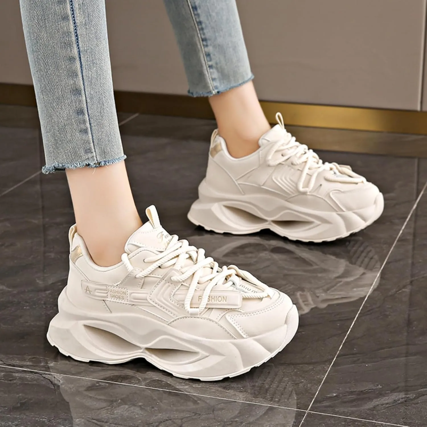 Womens Fashion Leather Lace-Up Platform Sneakers Round Toe Non-Slip Chunky Sport Casual Shoes for Walking Workout Driving