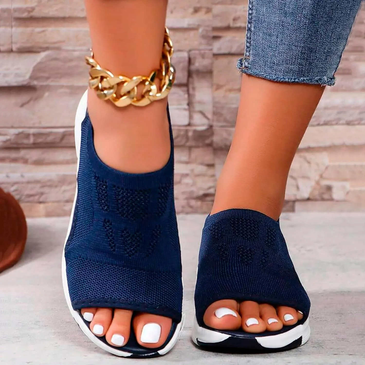 Womens Orthopedic Platform Wedge Walking Sandals with Elastic Ankle Strap Open Toe Breathable Mesh Slingback Casual Knit Flat Sandals Sports Shoes for Athletic Summer Beach Dressy