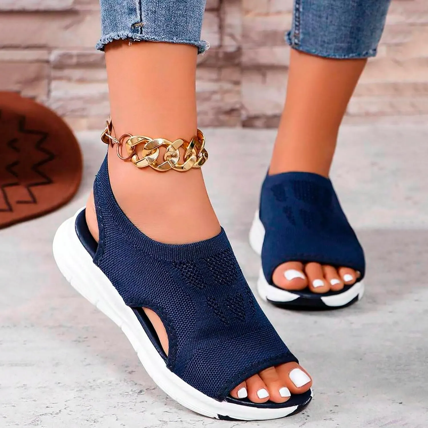 Womens Orthopedic Platform Wedge Walking Sandals with Elastic Ankle Strap Open Toe Breathable Mesh Slingback Casual Knit Flat Sandals Sports Shoes for Athletic Summer Beach Dressy