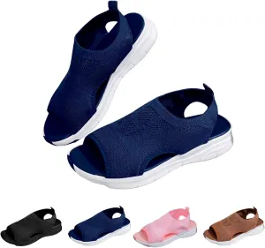 Womens Orthopedic Platform Wedge Walking Sandals with Elastic Ankle Strap Open Toe Breathable Mesh Slingback Casual Knit Flat Sandals Sports Shoes for Athletic Summer Beach Dressy