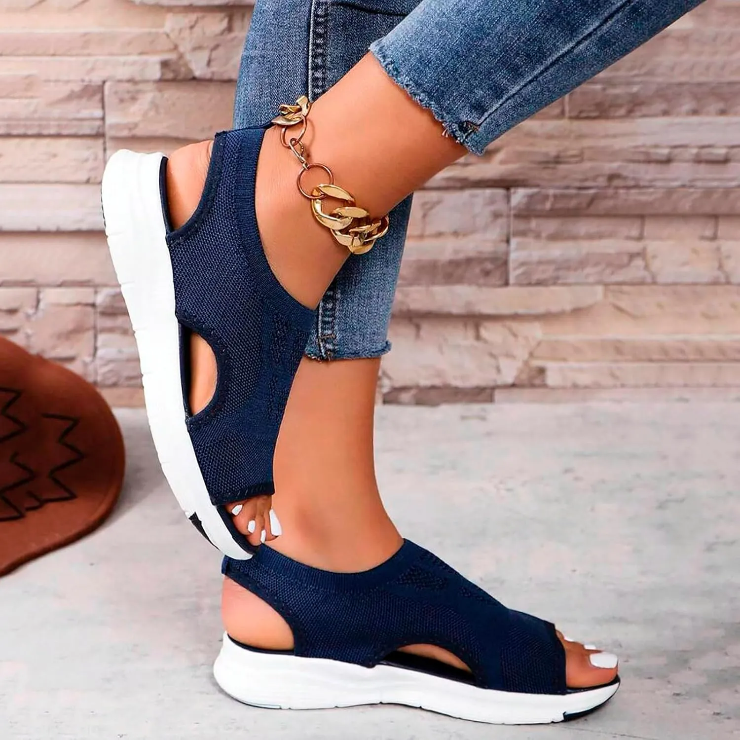 Womens Orthopedic Platform Wedge Walking Sandals with Elastic Ankle Strap Open Toe Breathable Mesh Slingback Casual Knit Flat Sandals Sports Shoes for Athletic Summer Beach Dressy