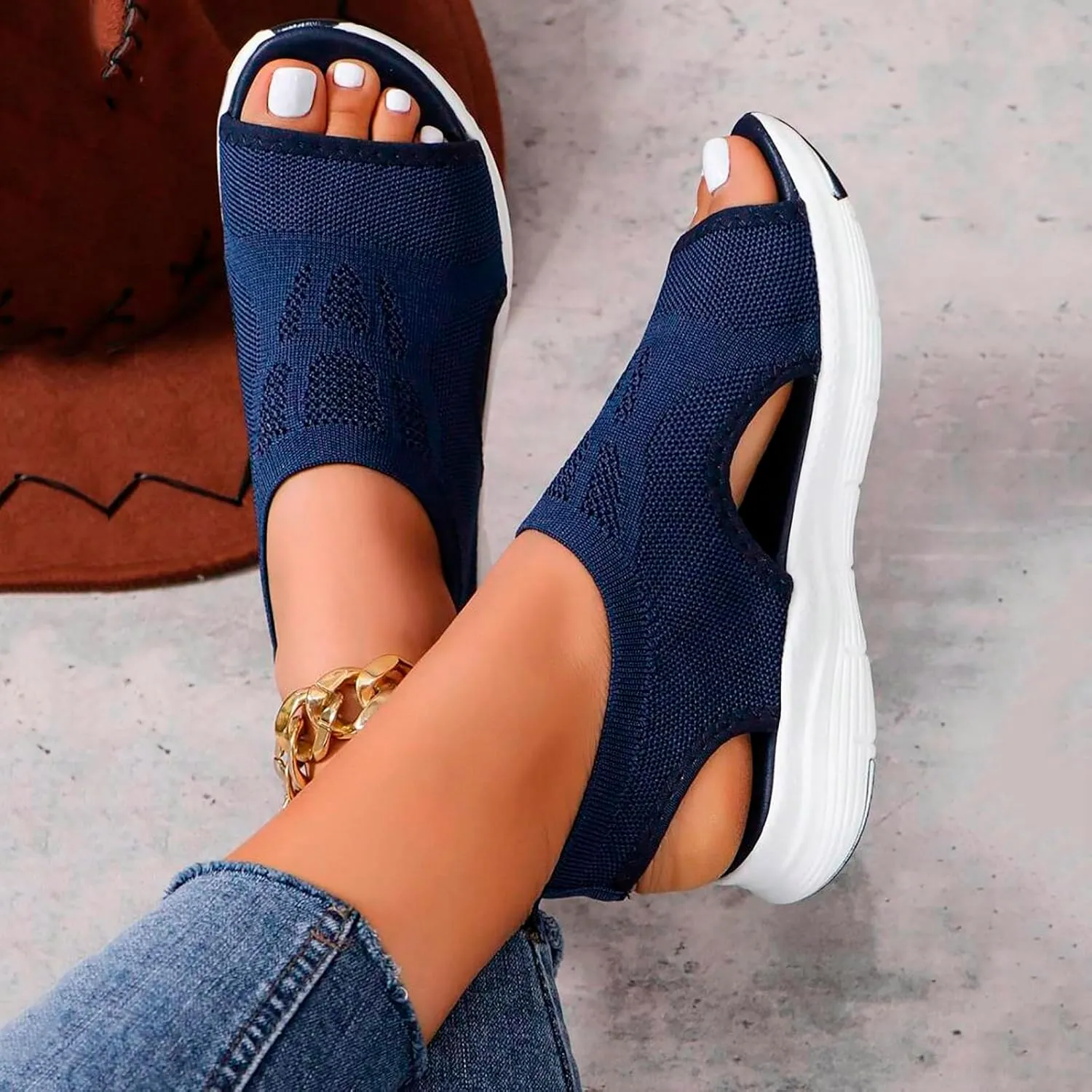 Womens Orthopedic Platform Wedge Walking Sandals with Elastic Ankle Strap Open Toe Breathable Mesh Slingback Casual Knit Flat Sandals Sports Shoes for Athletic Summer Beach Dressy