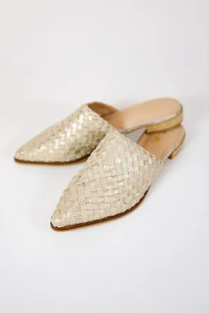 Woven Leather Mules, GOLD