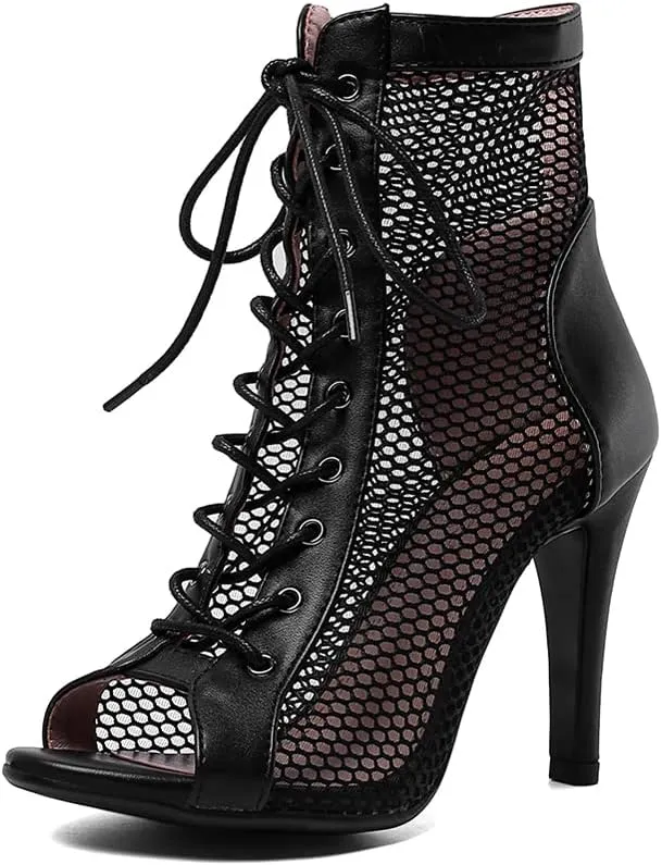YKXLM Ballroom Dance Boots Women Latin Salsa Peep Toe Lace-up Ankle Dance Shoes
