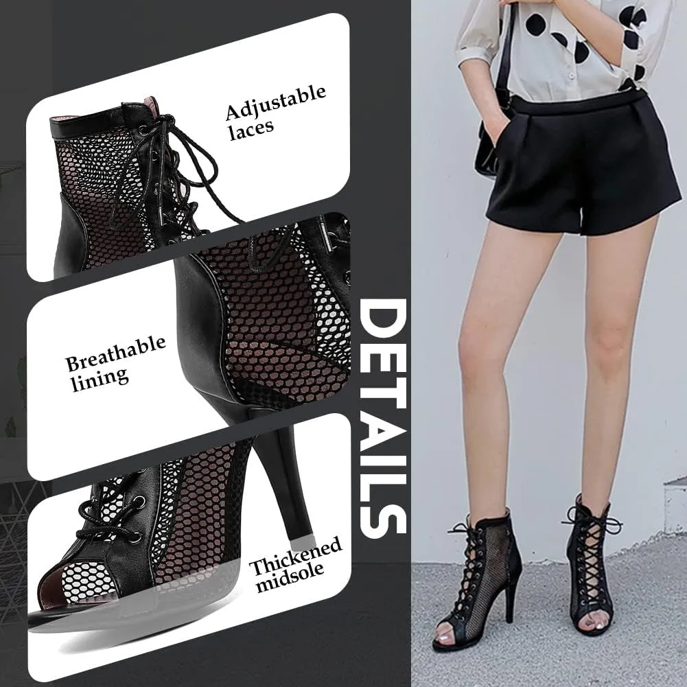 YKXLM Ballroom Dance Boots Women Latin Salsa Peep Toe Lace-up Ankle Dance Shoes