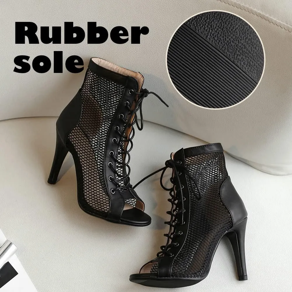 YKXLM Ballroom Dance Boots Women Latin Salsa Peep Toe Lace-up Ankle Dance Shoes