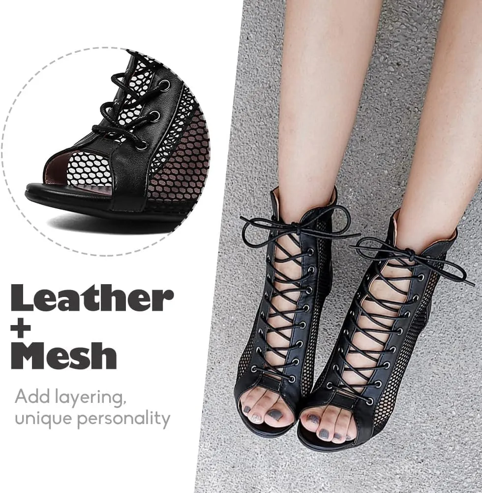 YKXLM Ballroom Dance Boots Women Latin Salsa Peep Toe Lace-up Ankle Dance Shoes