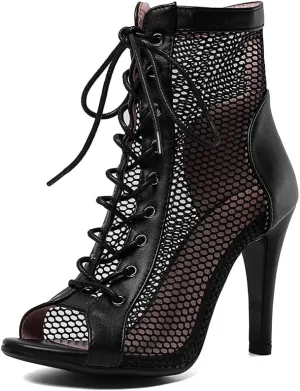 YKXLM Ballroom Dance Boots Women Latin Salsa Peep Toe Lace-up Ankle Dance Shoes