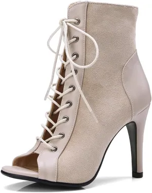YKXLM Ballroom Dance Boots Women Latin Salsa Peep Toe Lace-up Ankle Dance Shoes,B53,3 inch Heel,Beige,5.5 US