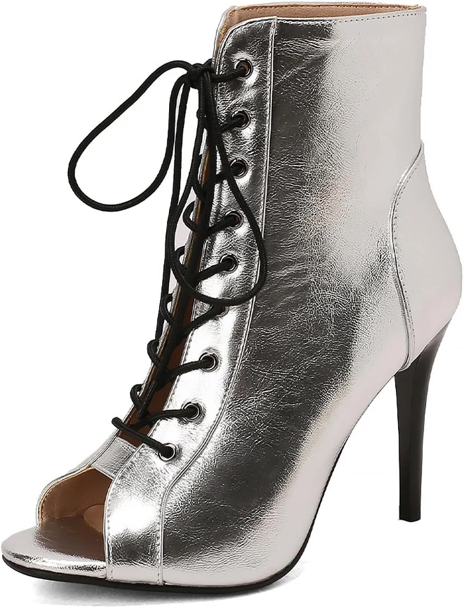 YKXLM Latin Dance Boots Salsa Women Ballroom Lace-up Ankle Open Toe Dance Shoes,9676-1,Silver,5US