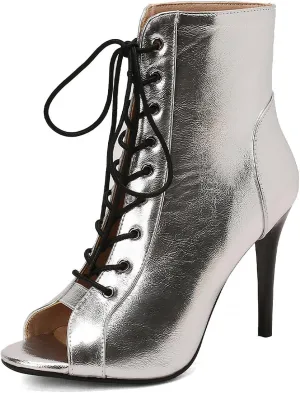YKXLM Latin Dance Boots Salsa Women Ballroom Lace-up Ankle Open Toe Dance Shoes,9676-1,Silver,5US