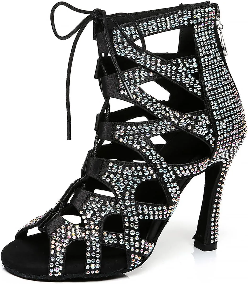 YKXLM Latin Dance Boots Salsa Women Ballroom Lace-up Ankle Open Toe Dance Shoes,L439,4 inch Heel,Black,8 US