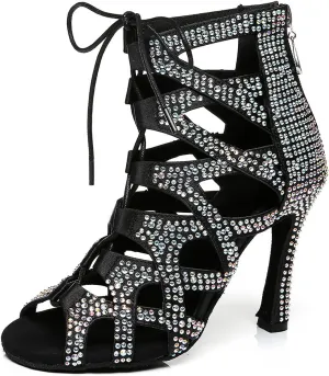 YKXLM Latin Dance Boots Salsa Women Ballroom Lace-up Ankle Open Toe Dance Shoes,L439,4 inch Heel,Black,8 US