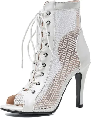 YKXLM Women Open Toe Dance Boots Latin Salsa Ballroom Lace-up Ankle Dance Shoes,B55,4 inch Heel.5,White,7.5 US
